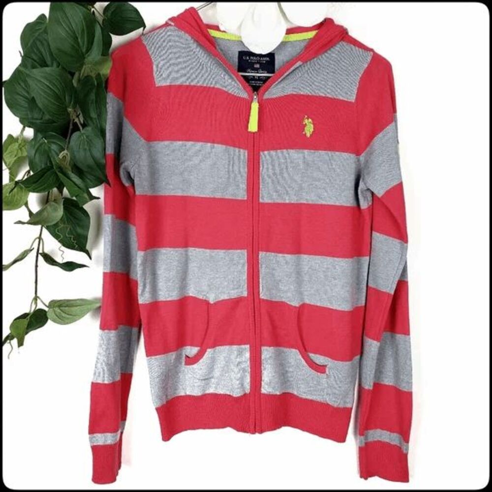 US Polo Assn Hooded Zip Up Coral & Gray Striped Long Sleeve Polo Size: Medium